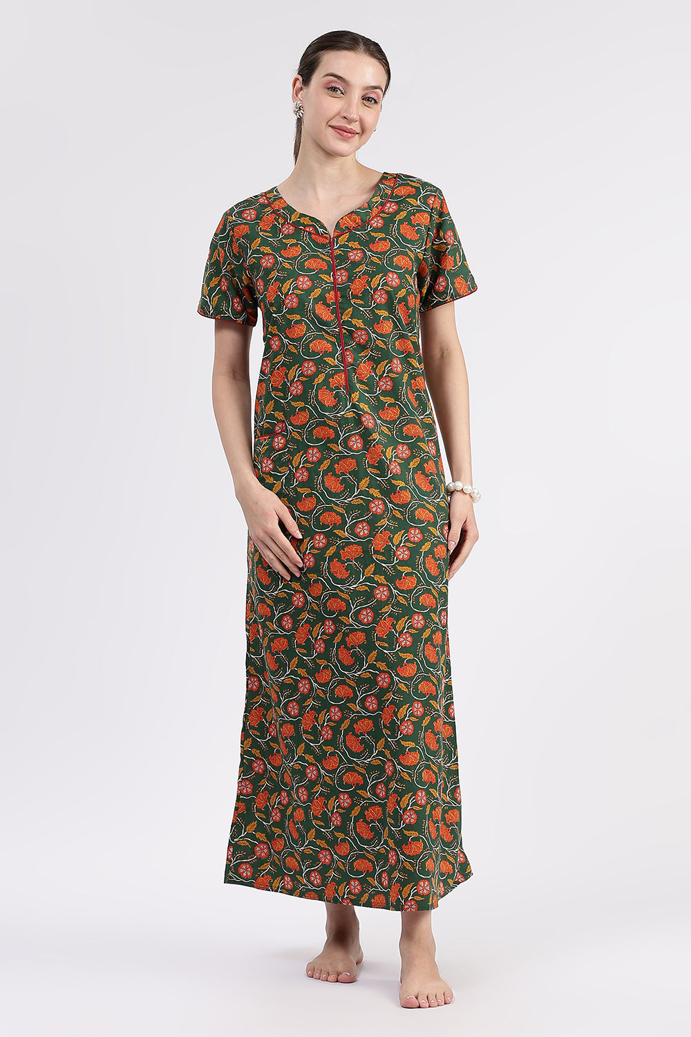 Naidu Hall Women’s Printed Cotton Full Length Nighty with Round Neck and Contrast Piping Detail
 - Green - NA96