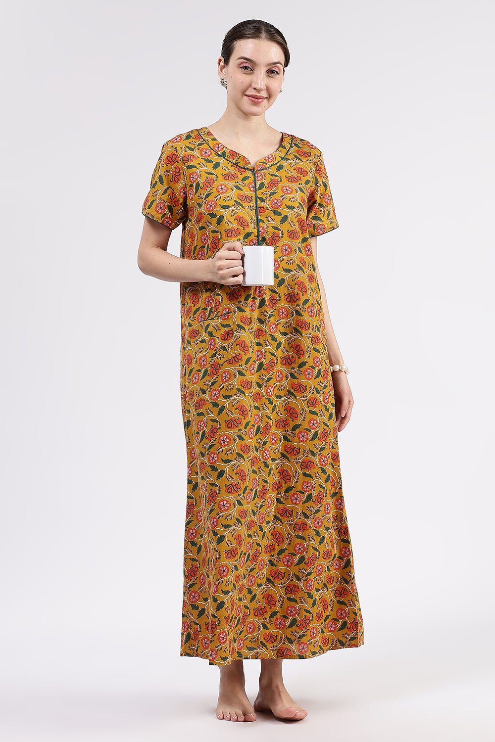 Naidu Hall Women’s Printed Cotton Full Length Nighty with Round Neck and Contrast Piping Detail
 - Mustard - NA96