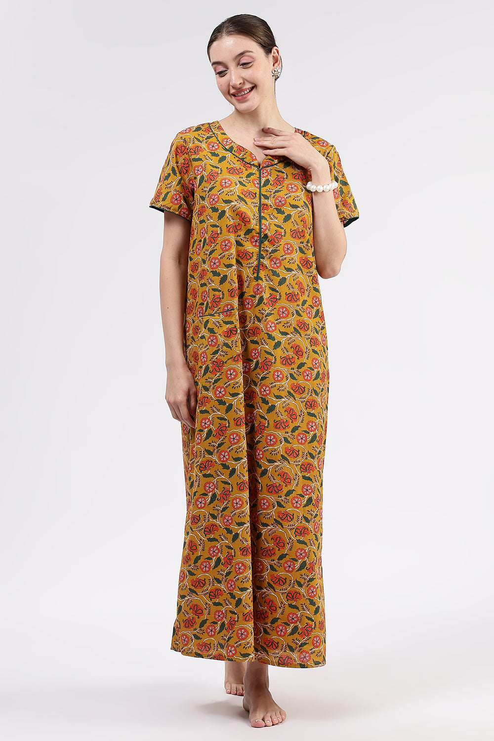 Naidu Hall Women’s Printed Cotton Full Length Nighty with Round Neck and Contrast Piping Detail
 - Mustard - NA96