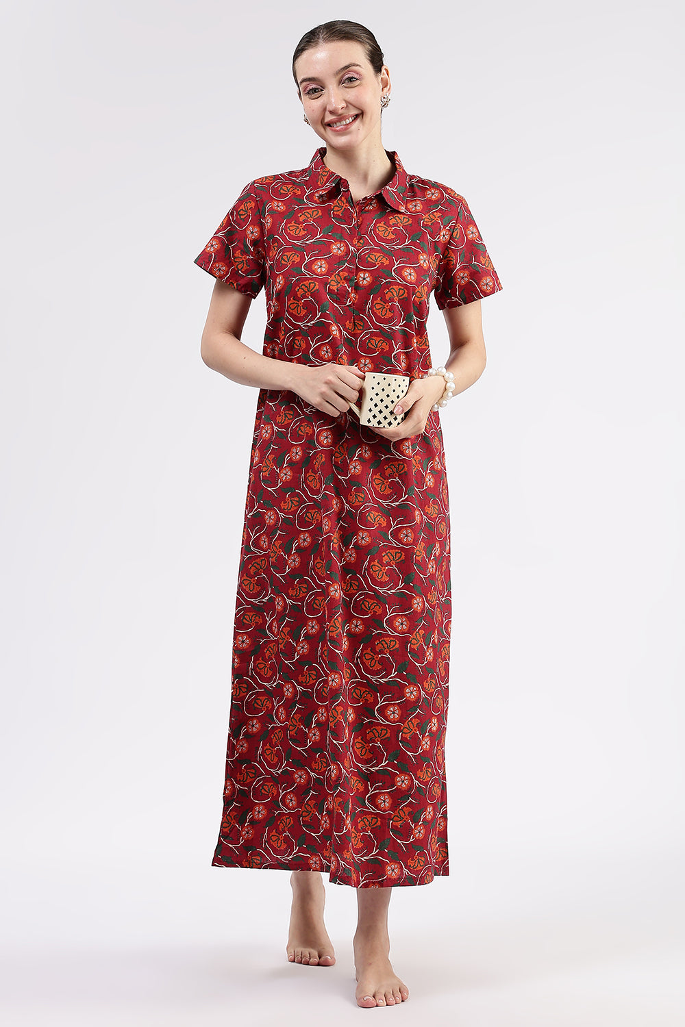 Naidu Hall Women’s Printed Cotton A Line Shirt Style Nighty with Collar and Button Down Placket
 - Red - NA97