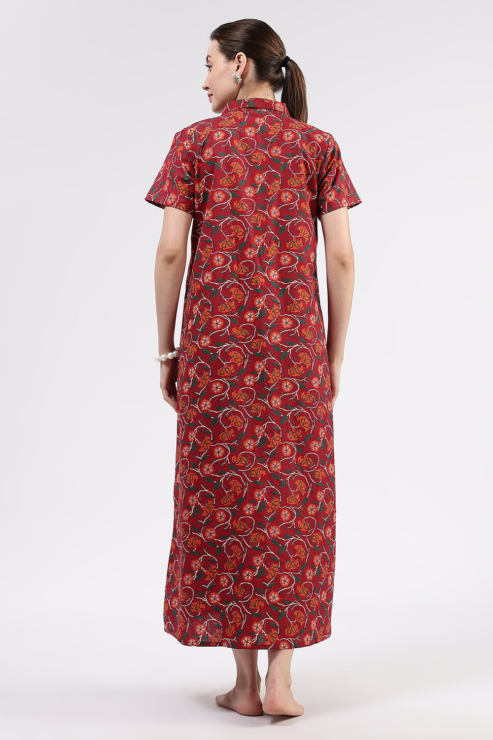 Naidu Hall Women’s Printed Cotton A Line Shirt Style Nighty with Collar and Button Down Placket
 - Red - NA97