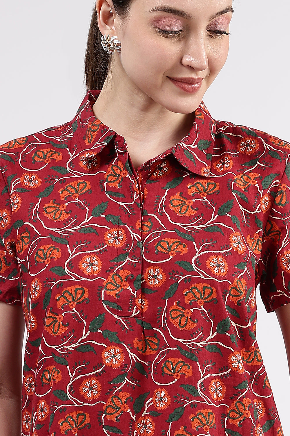 Naidu Hall Women’s Printed Cotton A Line Shirt Style Nighty with Collar and Button Down Placket
 - Red - NA97