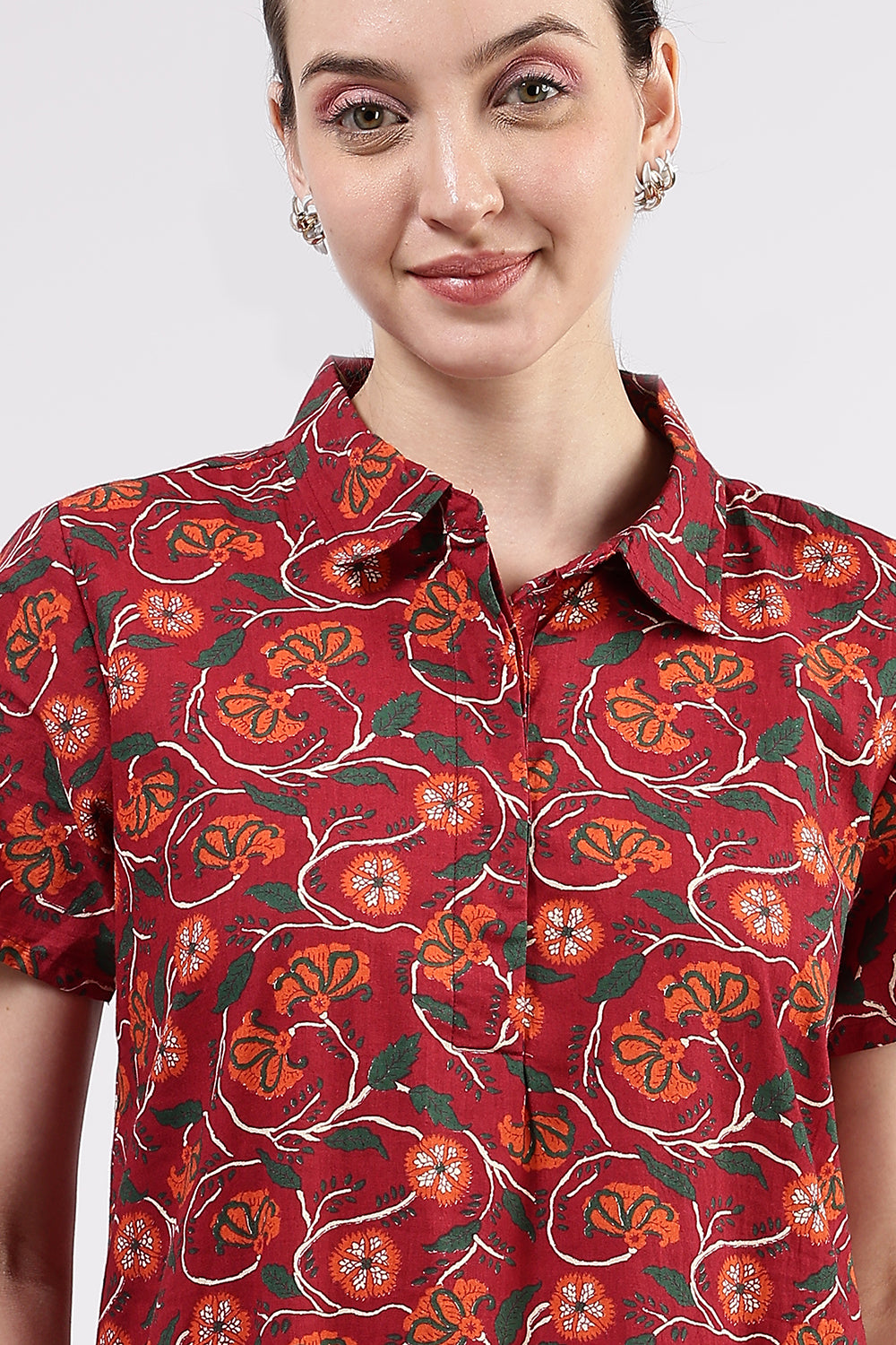 Naidu Hall Women’s Printed Cotton A Line Shirt Style Nighty with Collar and Button Down Placket
 - Red - NA97