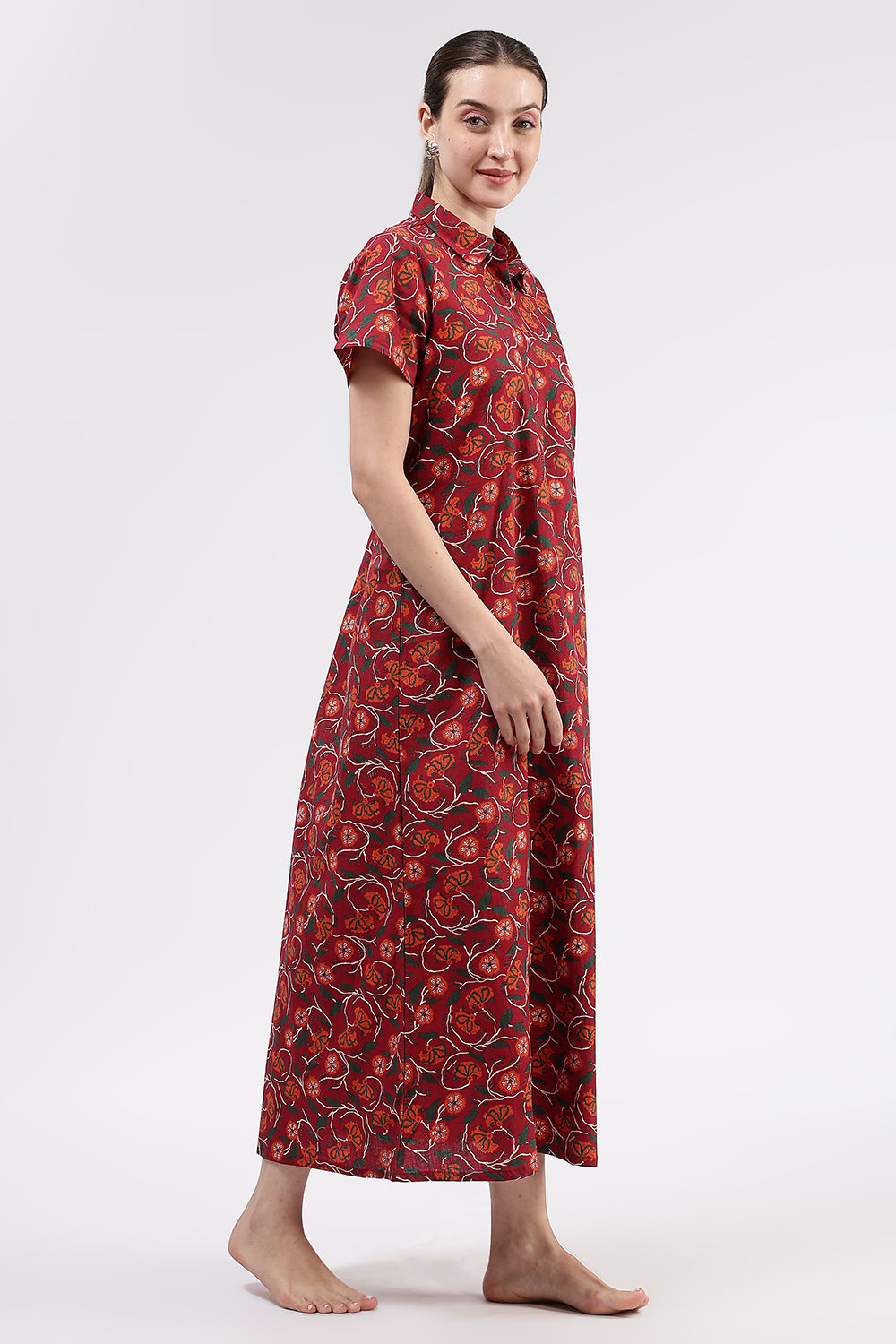 Naidu Hall Women’s Printed Cotton A Line Shirt Style Nighty with Collar and Button Down Placket
 - Red - NA97