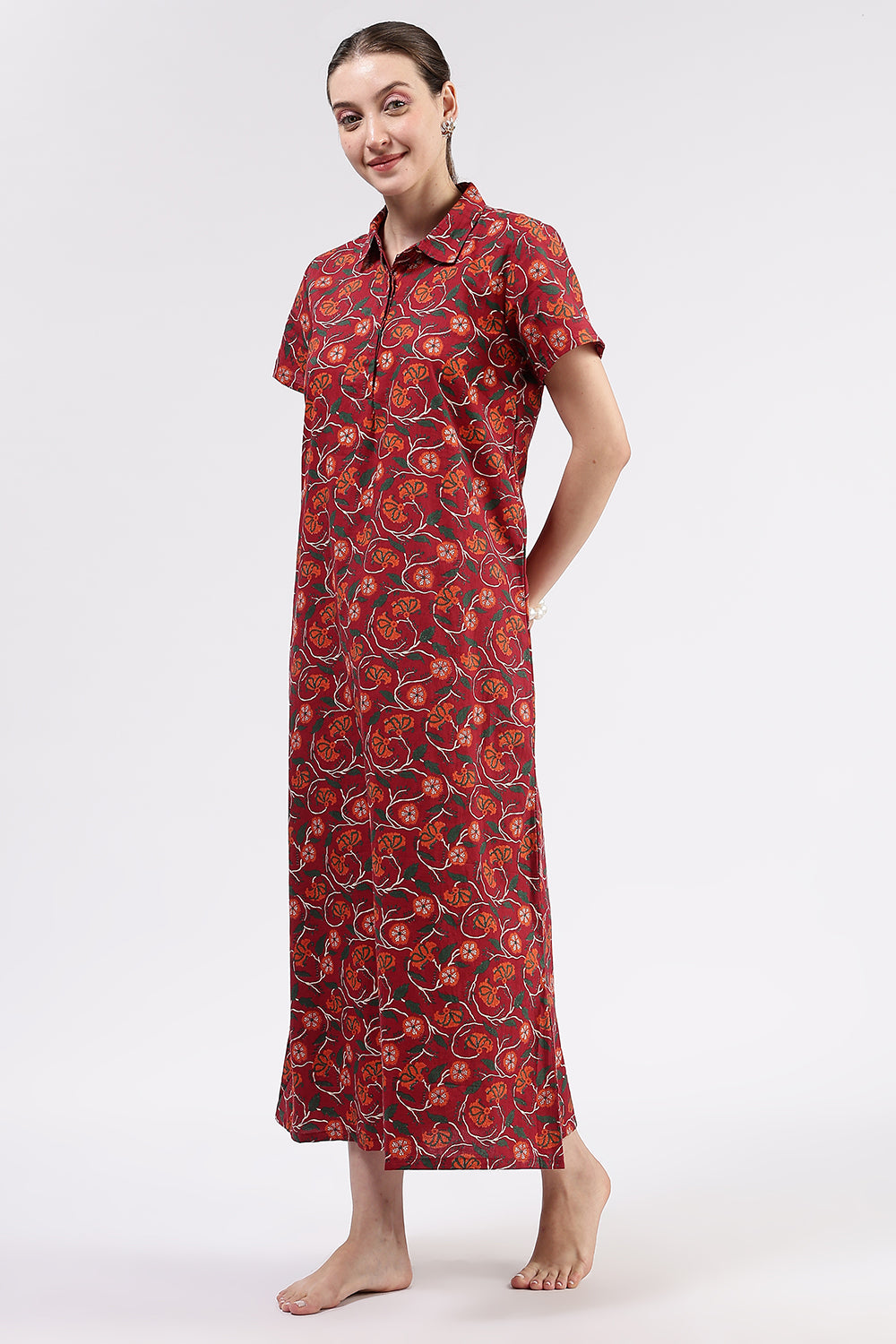 Naidu Hall Women’s Printed Cotton A Line Shirt Style Nighty with Collar and Button Down Placket
 - Red - NA97