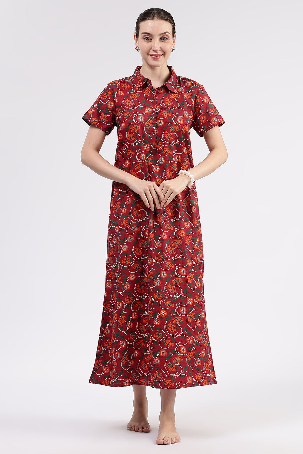 Naidu Hall Women’s Printed Cotton A Line Shirt Style Nighty with Collar and Button Down Placket
 - Red - NA97