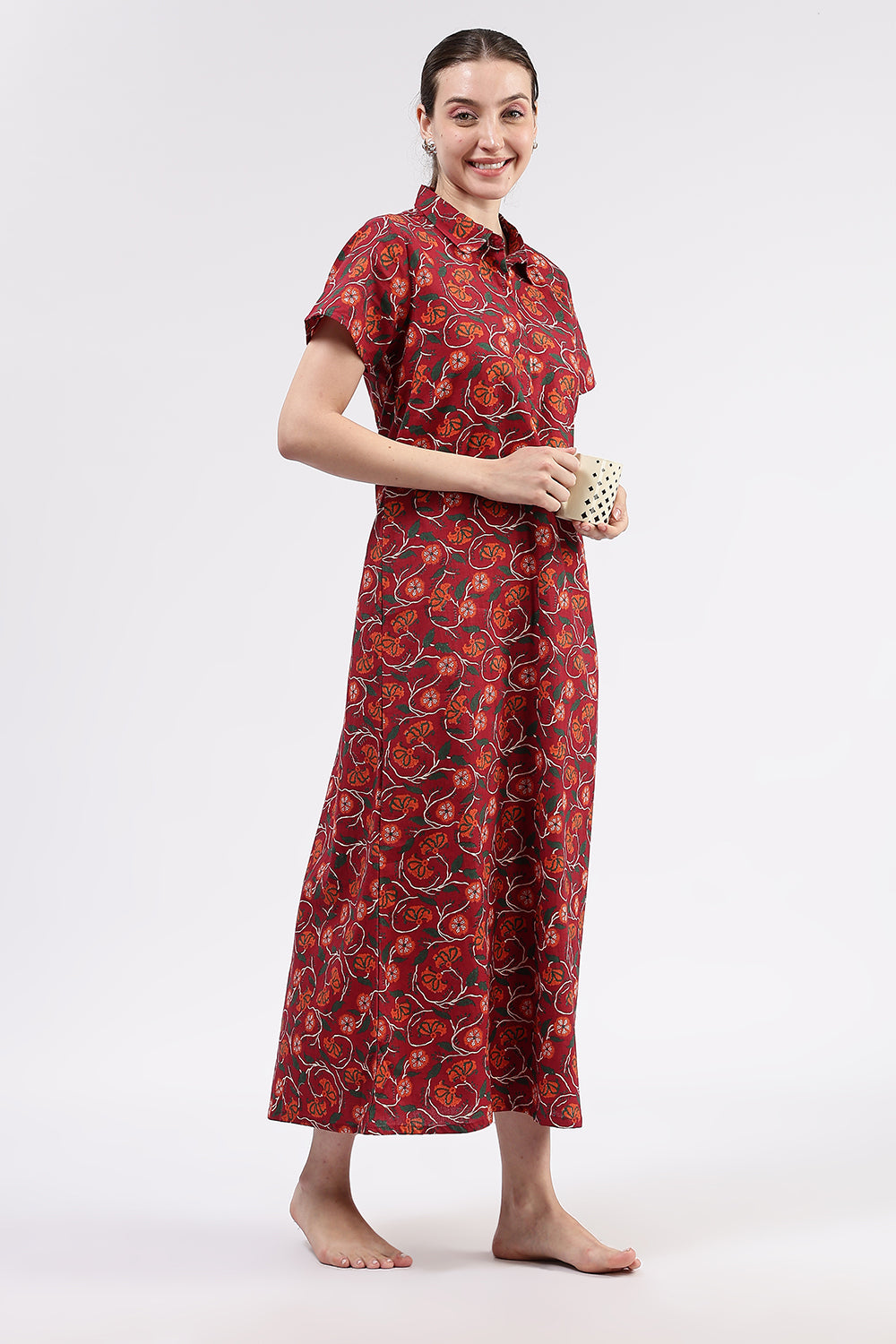 Naidu Hall Women’s Printed Cotton A Line Shirt Style Nighty with Collar and Button Down Placket
 - Red - NA97