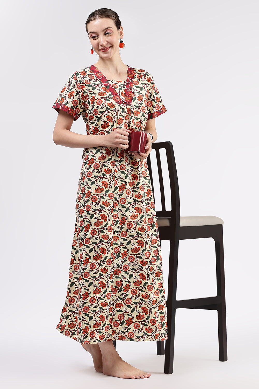 Naidu Hall Women’s Printed Cotton Full-Length Nighty with V-Neck Patchwork and Contrast Border Sleeves
 - NA98