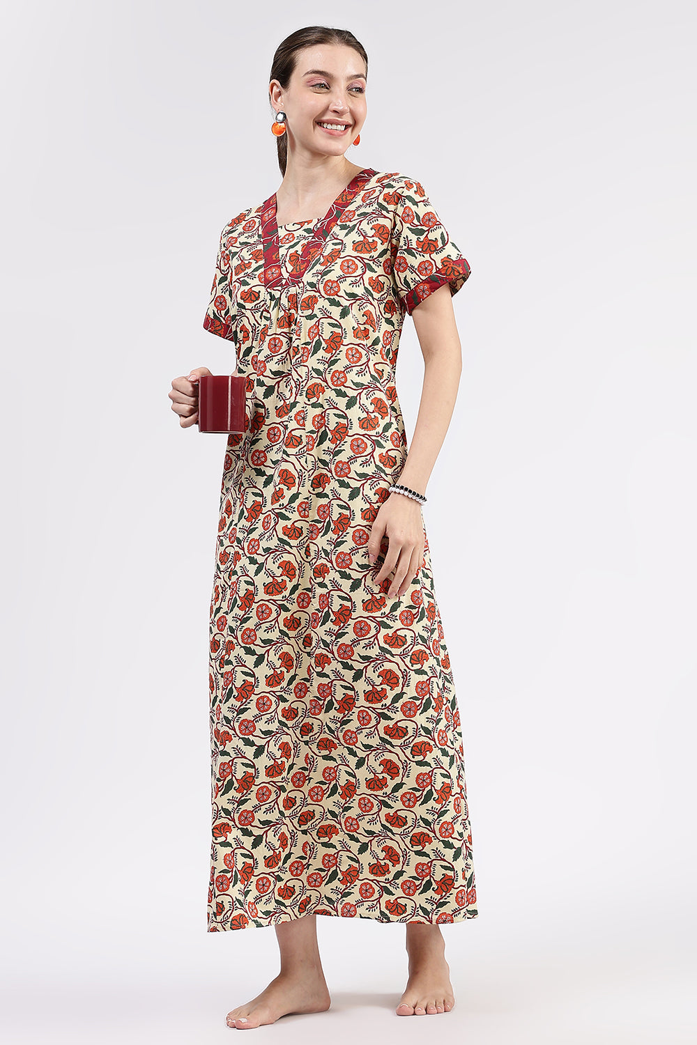 Naidu Hall Women’s Printed Cotton Full-Length Nighty with V-Neck Patchwork and Contrast Border Sleeves
 - NA98