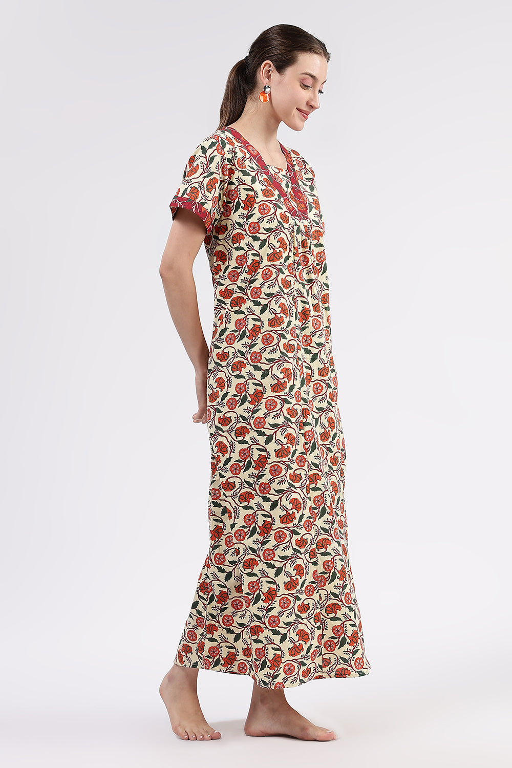 Naidu Hall Women’s Printed Cotton Full-Length Nighty with V-Neck Patchwork and Contrast Border Sleeves
 - NA98