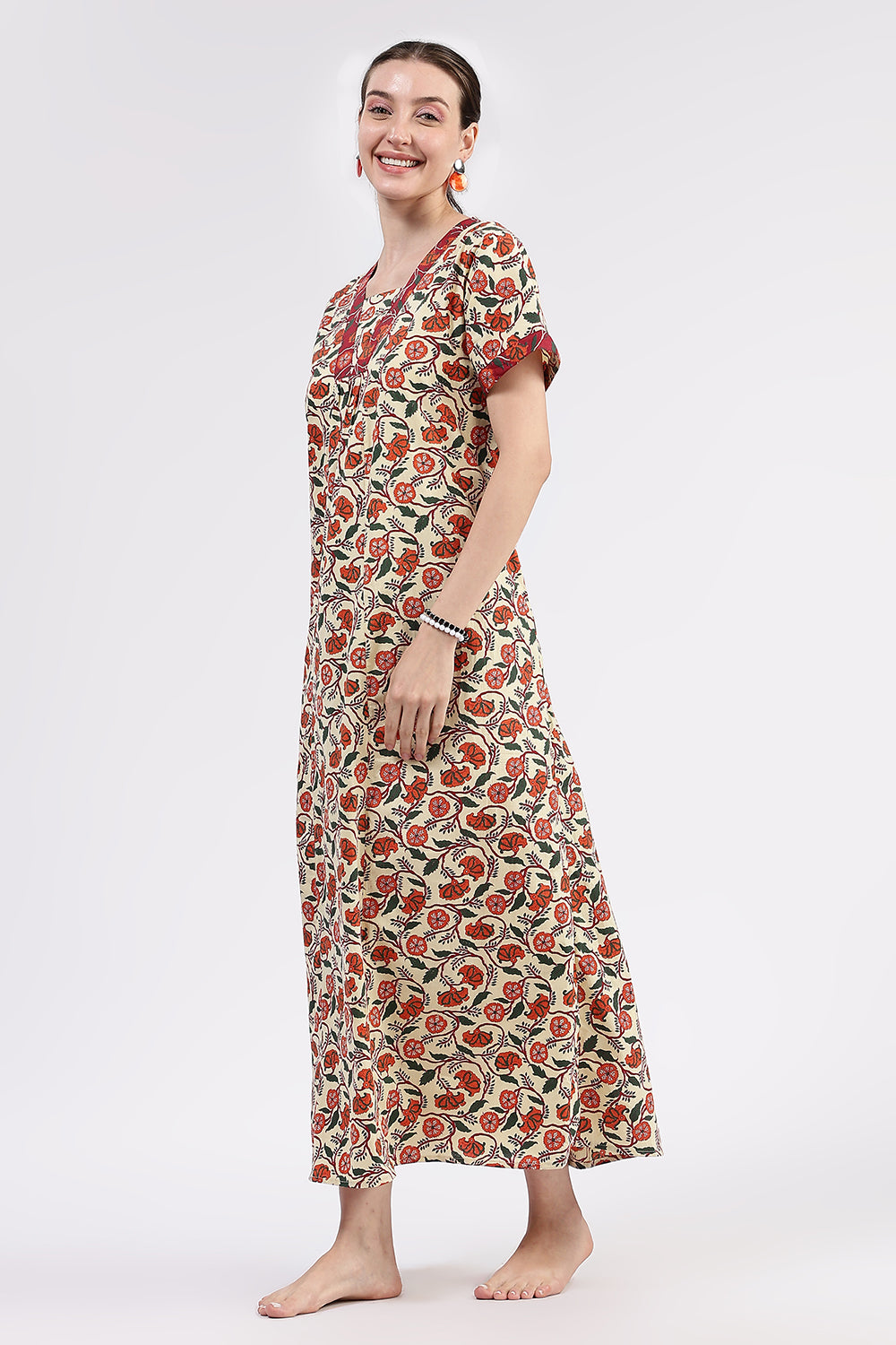 Naidu Hall Women’s Printed Cotton Full Length Nighty with Contrast V Neck Patchwork Detailing
 - Off White - NA98