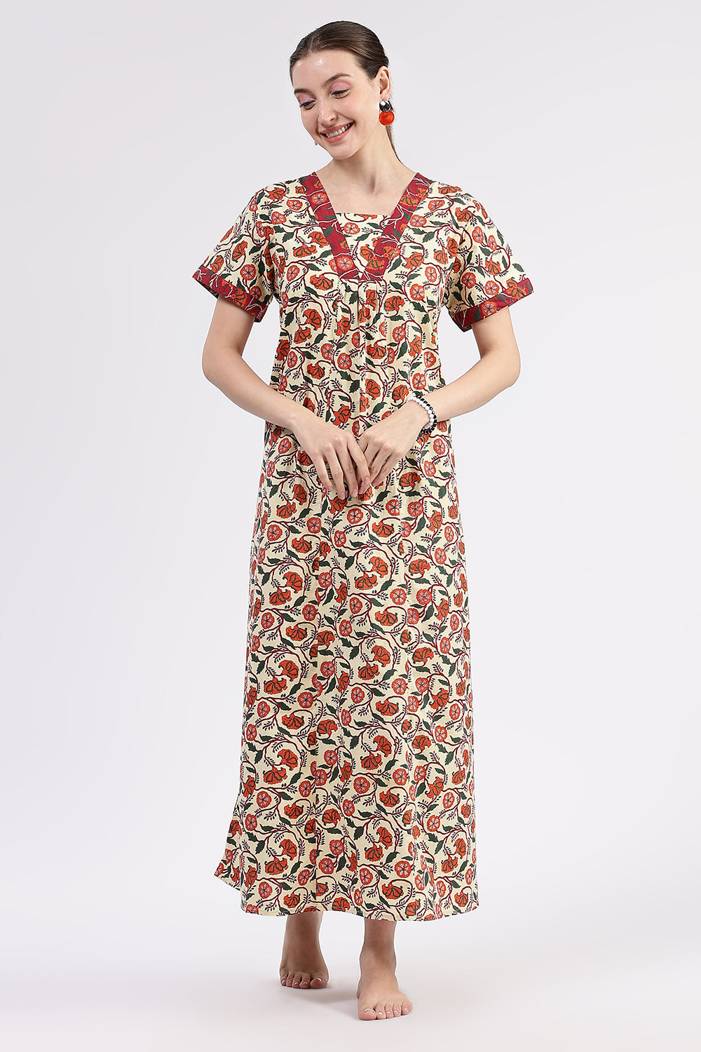 Naidu Hall Women’s Printed Cotton Full Length Nighty with Contrast V Neck Patchwork Detailing
 - Off White - NA98