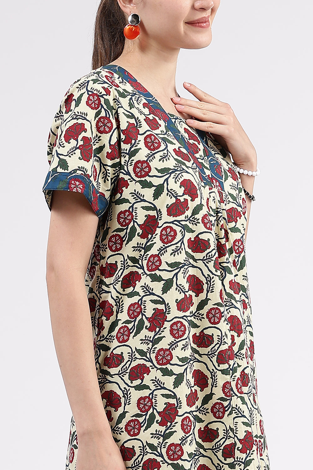 Naidu Hall Women’s Printed Cotton Full-Length Nighty with V-Neck Patchwork and Contrast Border Sleeves
 - NA98