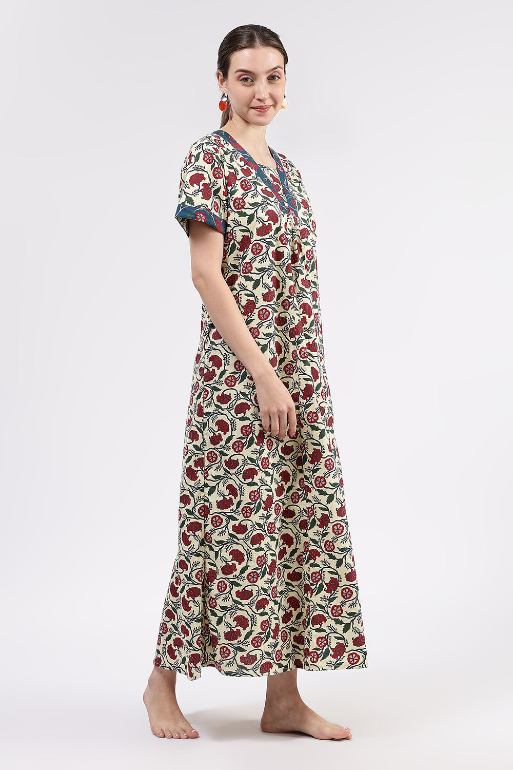 Naidu Hall Women’s Printed Cotton Full-Length Nighty with V-Neck Patchwork and Contrast Border Sleeves
 - NA98