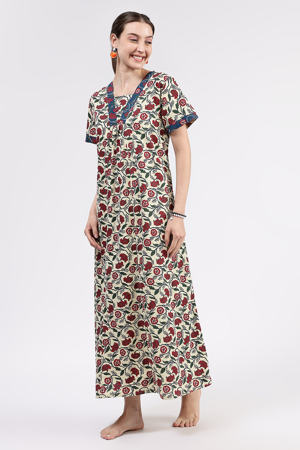 Naidu Hall Women’s Printed Cotton Full-Length Nighty with V-Neck Patchwork and Contrast Border Sleeves
 - NA98