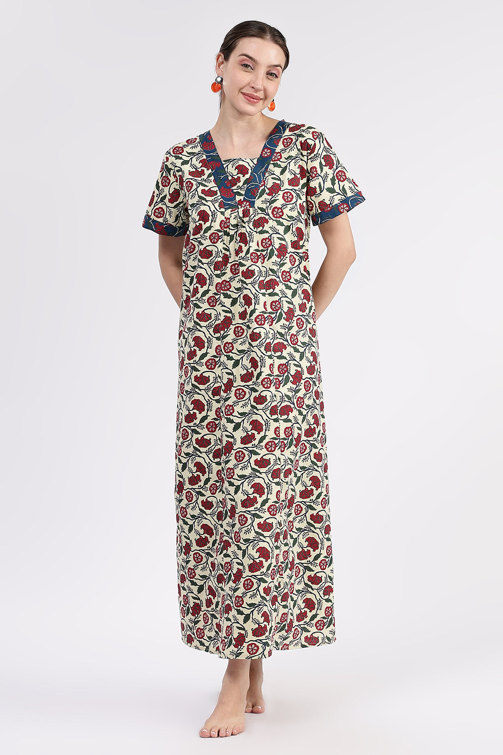 Naidu Hall Women’s Printed Cotton Full-Length Nighty with V-Neck Patchwork and Contrast Border Sleeves
 - NA98