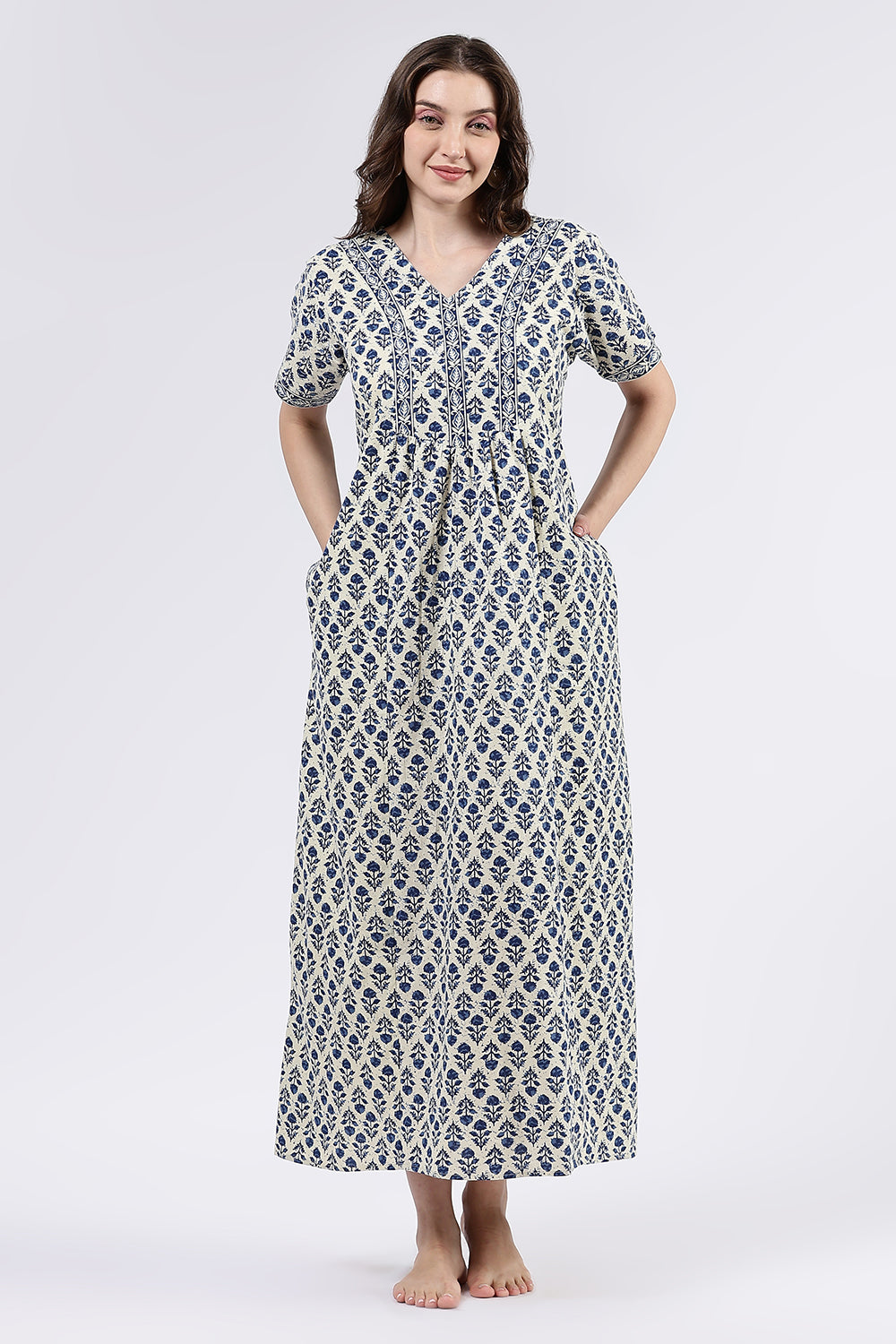 Naidu Hall Women’s Printed Cotton Full Length Nighty with V Neck and Princess Panel Design
 - Blue - NA99