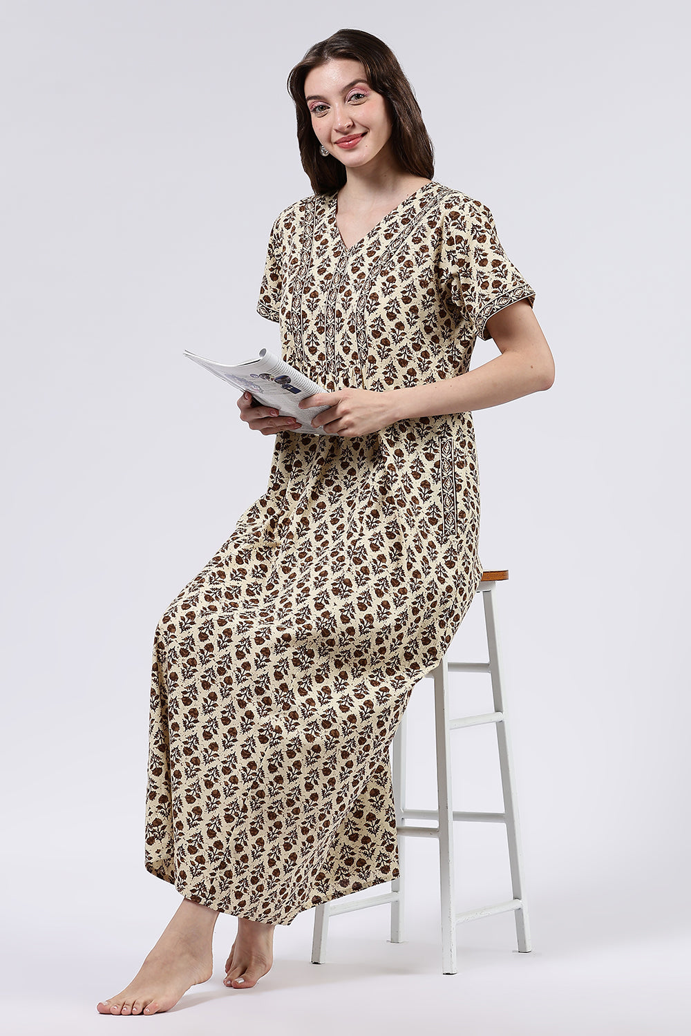 Naidu Hall Women’s Printed Cotton Full Length Nighty with V Neck and Princess Panel Design
 - Mustard - NA99