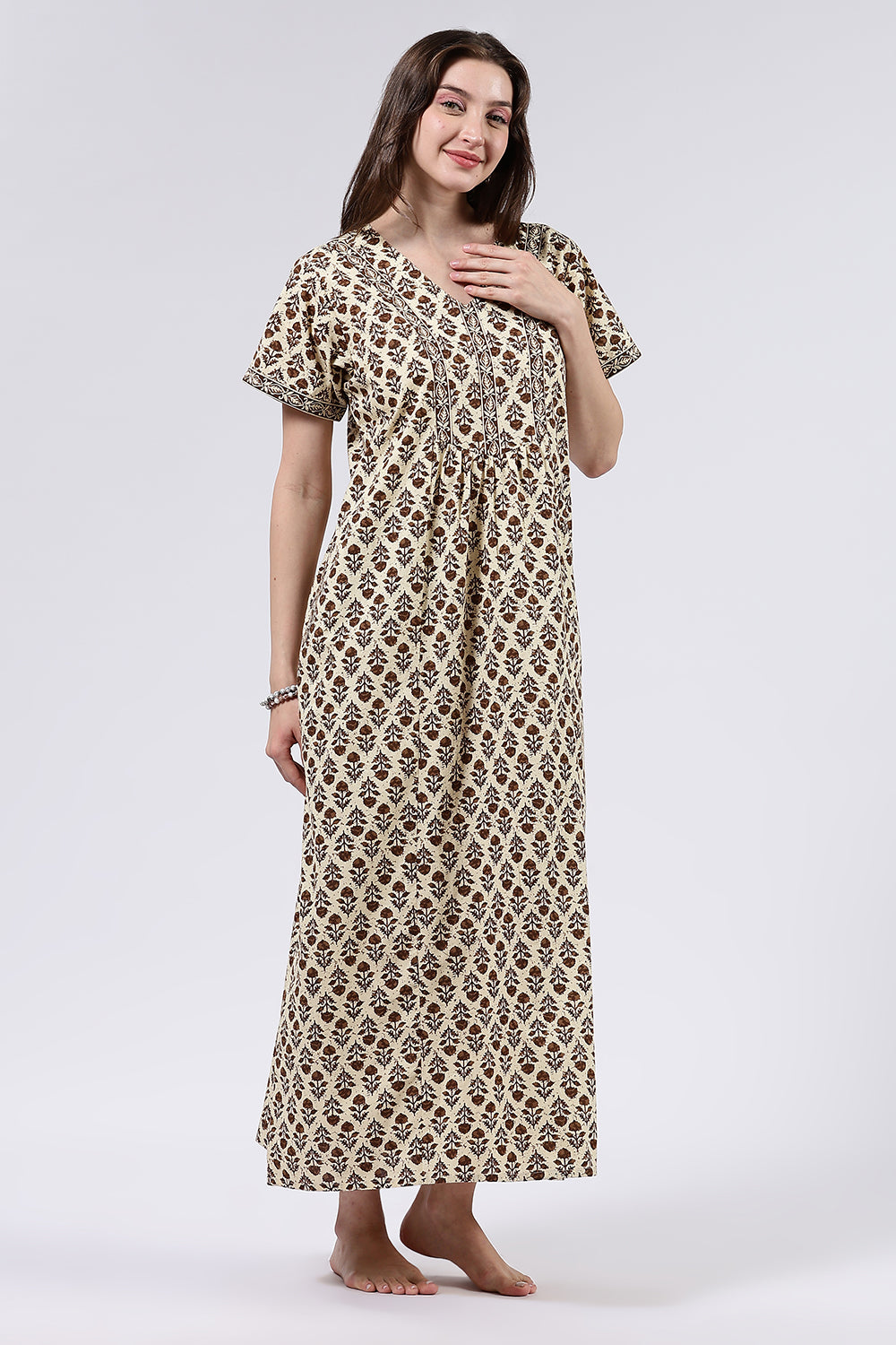 Naidu Hall Women’s Printed Cotton Full Length Nighty with V Neck and Princess Panel Design
 - Mustard - NA99