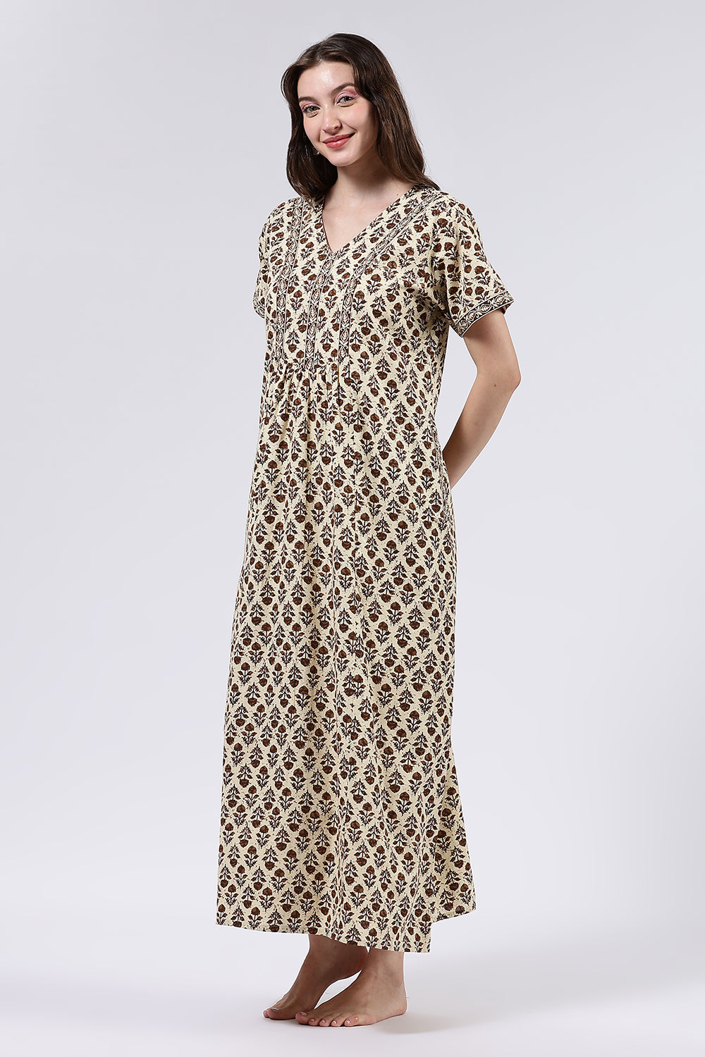 Naidu Hall Women’s Printed Cotton Full Length Nighty with V Neck and Princess Panel Design
 - Mustard - NA99