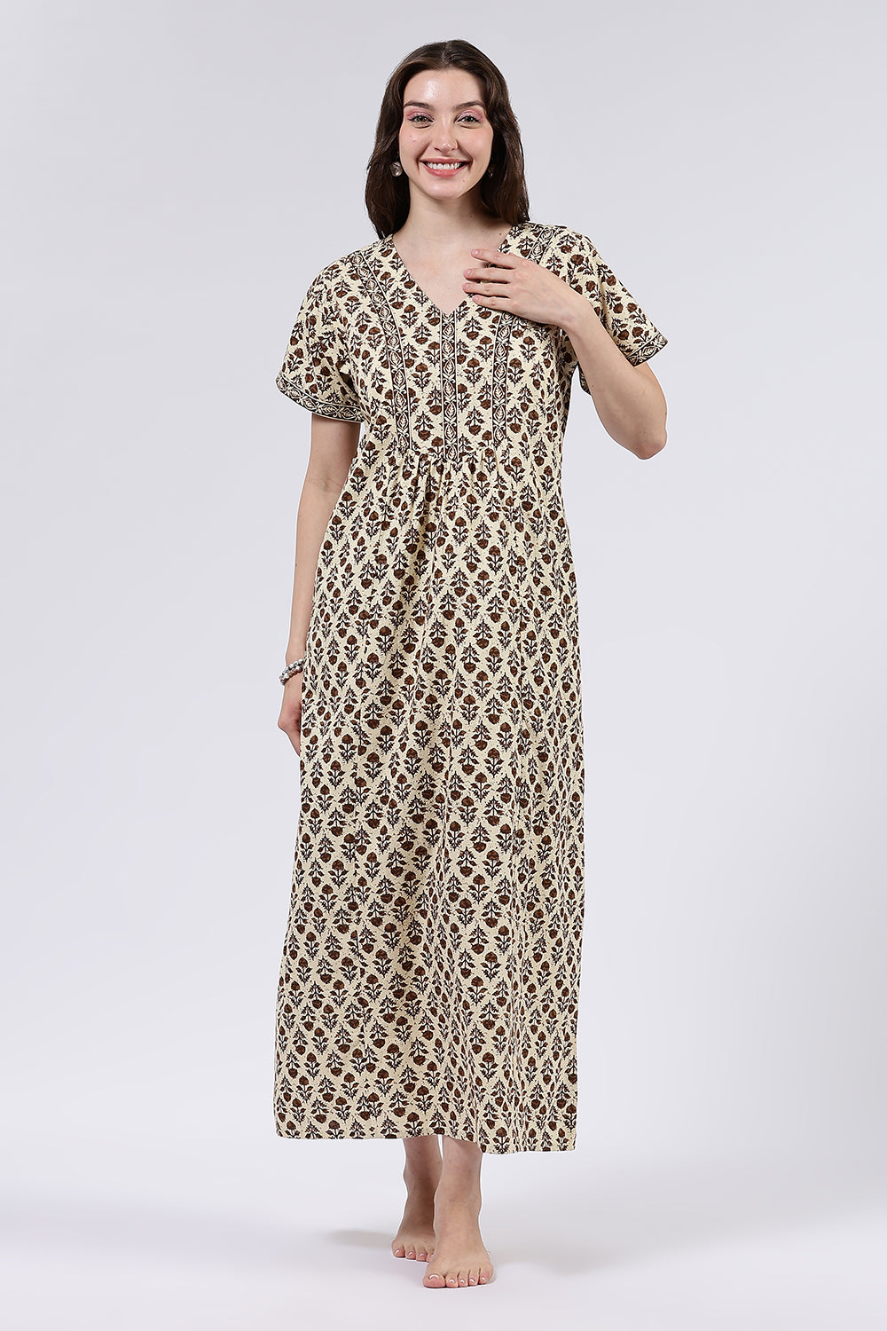 Naidu Hall Women’s Printed Cotton Full Length Nighty with V Neck and Princess Panel Design
 - Mustard - NA99