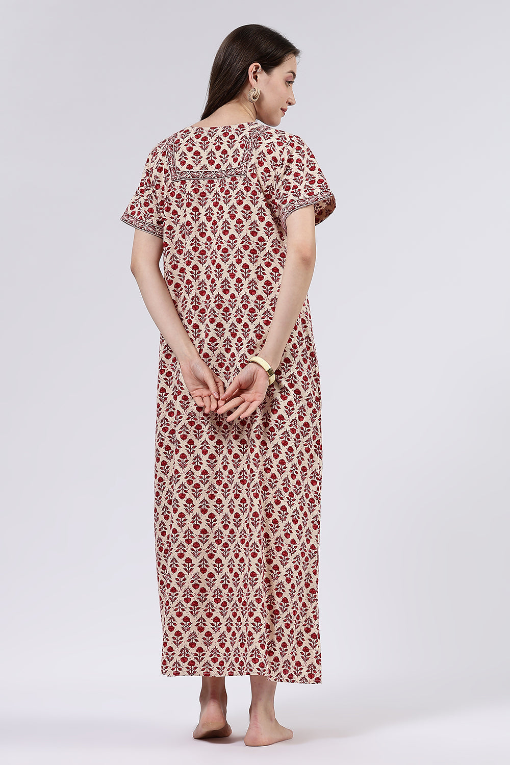 Naidu Hall Women’s Printed Cotton Full Length Nighty with V Neck and Princess Panel Design
 - Red - NA99