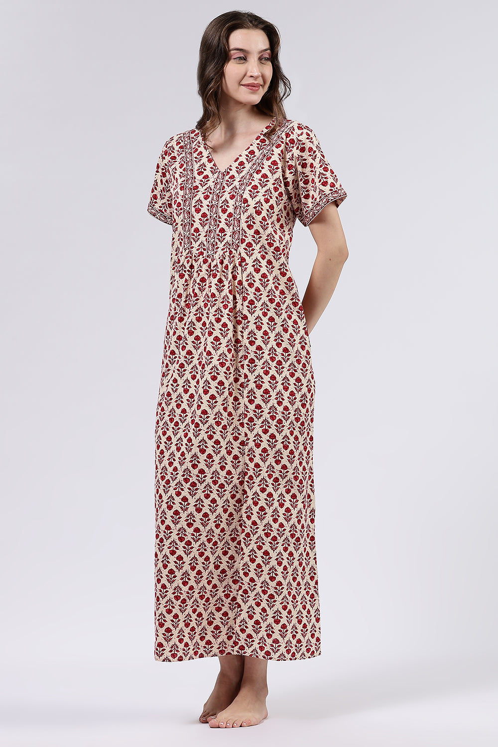 Naidu Hall Women’s Printed Cotton Full Length Nighty with V Neck and Princess Panel Design
 - Red - NA99