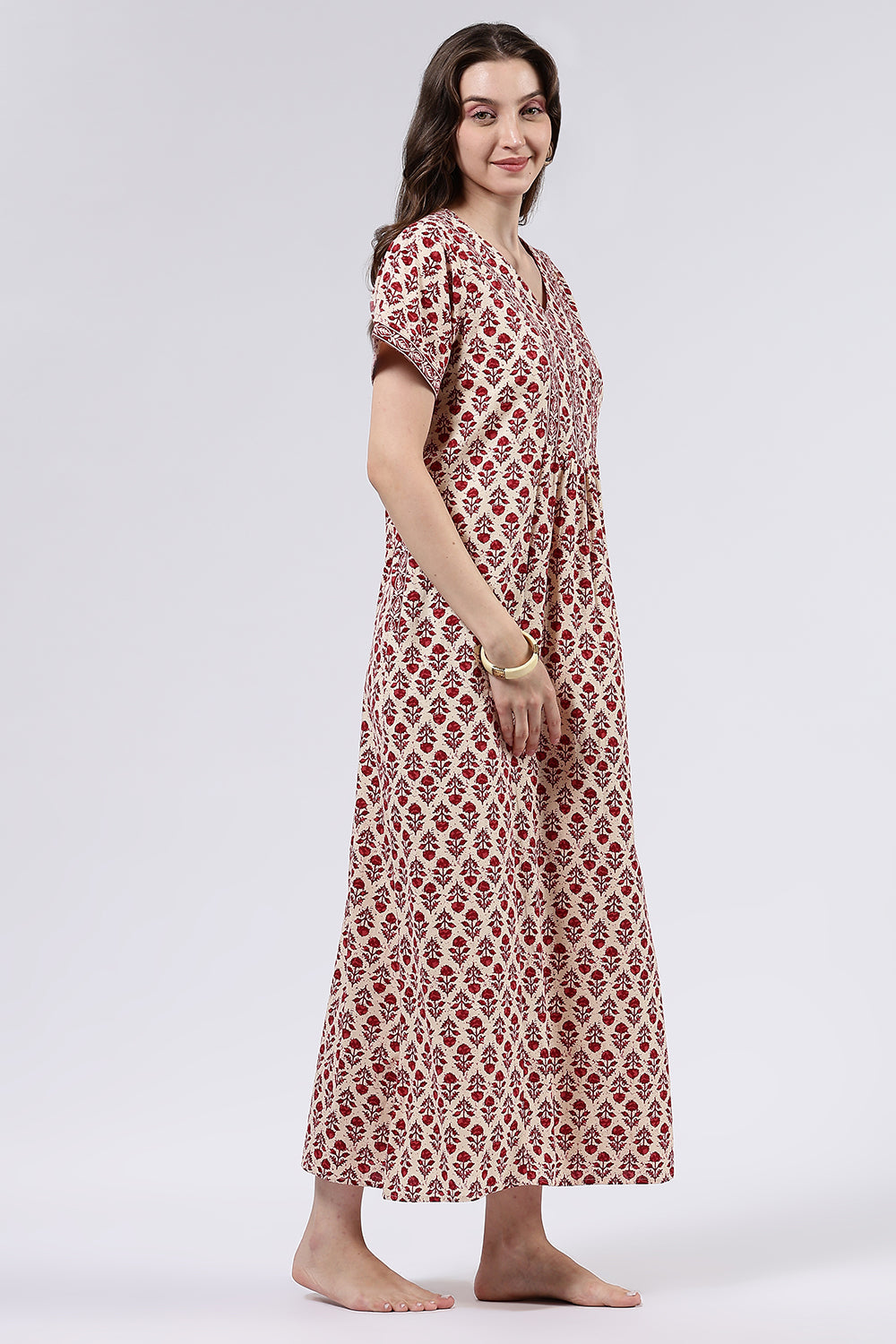 Naidu Hall Women’s Printed Cotton Full Length Nighty with V Neck and Princess Panel Design
 - Red - NA99