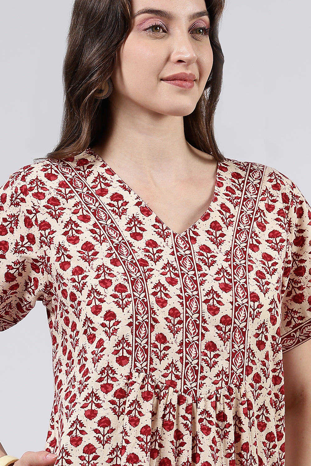 Naidu Hall Women’s Printed Cotton Full Length Nighty with V Neck and Princess Panel Design
 - Red - NA99