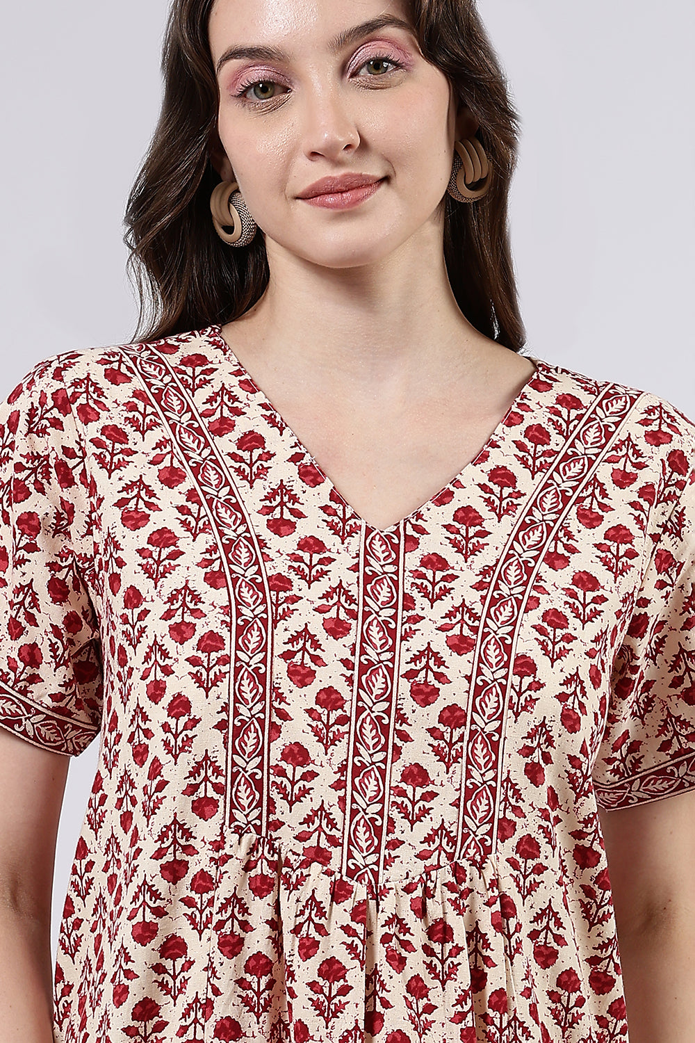 Naidu Hall Women’s Printed Cotton Full Length Nighty with V Neck and Princess Panel Design
 - Red - NA99