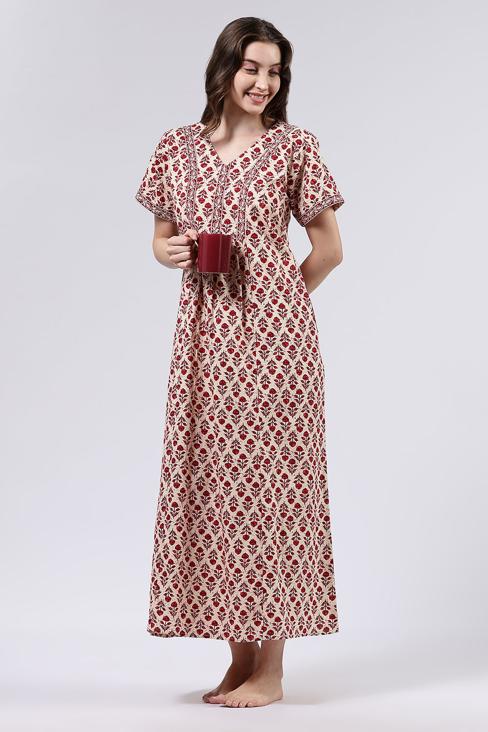 Naidu Hall Women’s Printed Cotton Full Length Nighty with V Neck and Princess Panel Design
 - Red - NA99