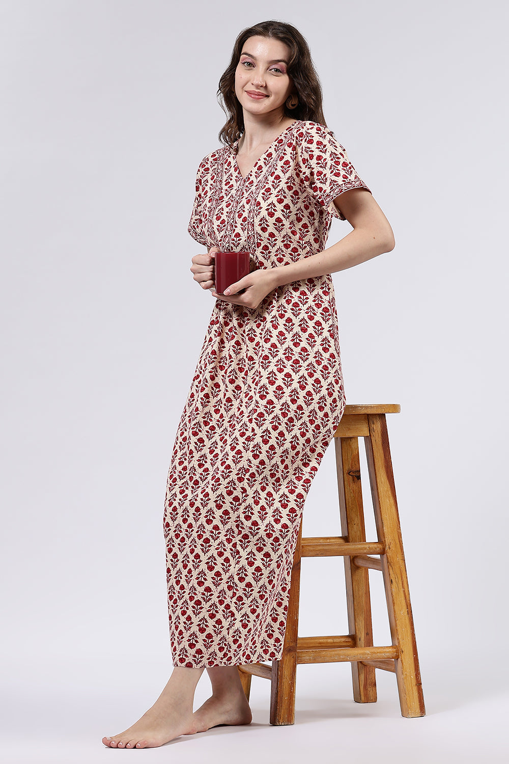 Naidu Hall Women’s Printed Cotton Full Length Nighty with V Neck and Princess Panel Design
 - Red - NA99