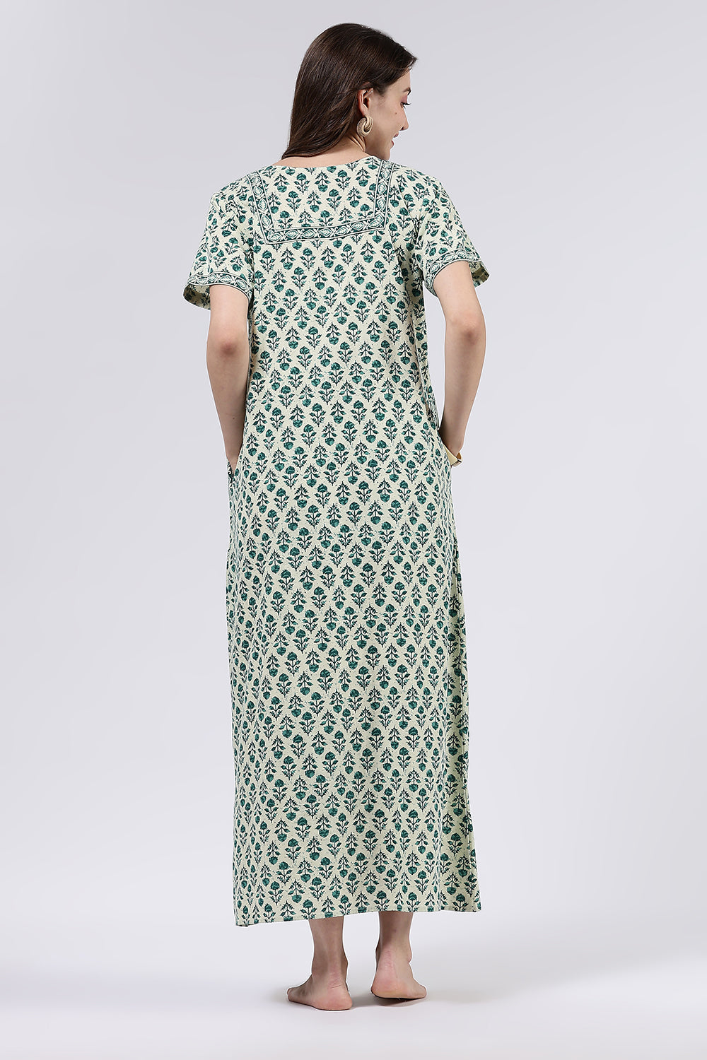 Naidu Hall Women’s Printed Cotton Full Length Nighty with V Neck and Princess Panel Design
 - Teal - NA99