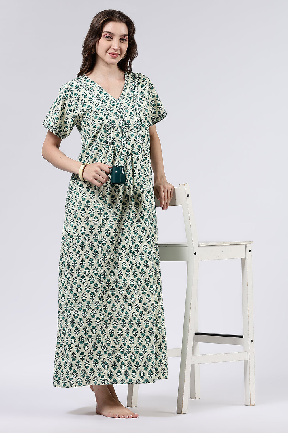 Naidu Hall Women’s Printed Cotton Full Length Nighty with V Neck and Princess Panel Design
 - Teal - NA99