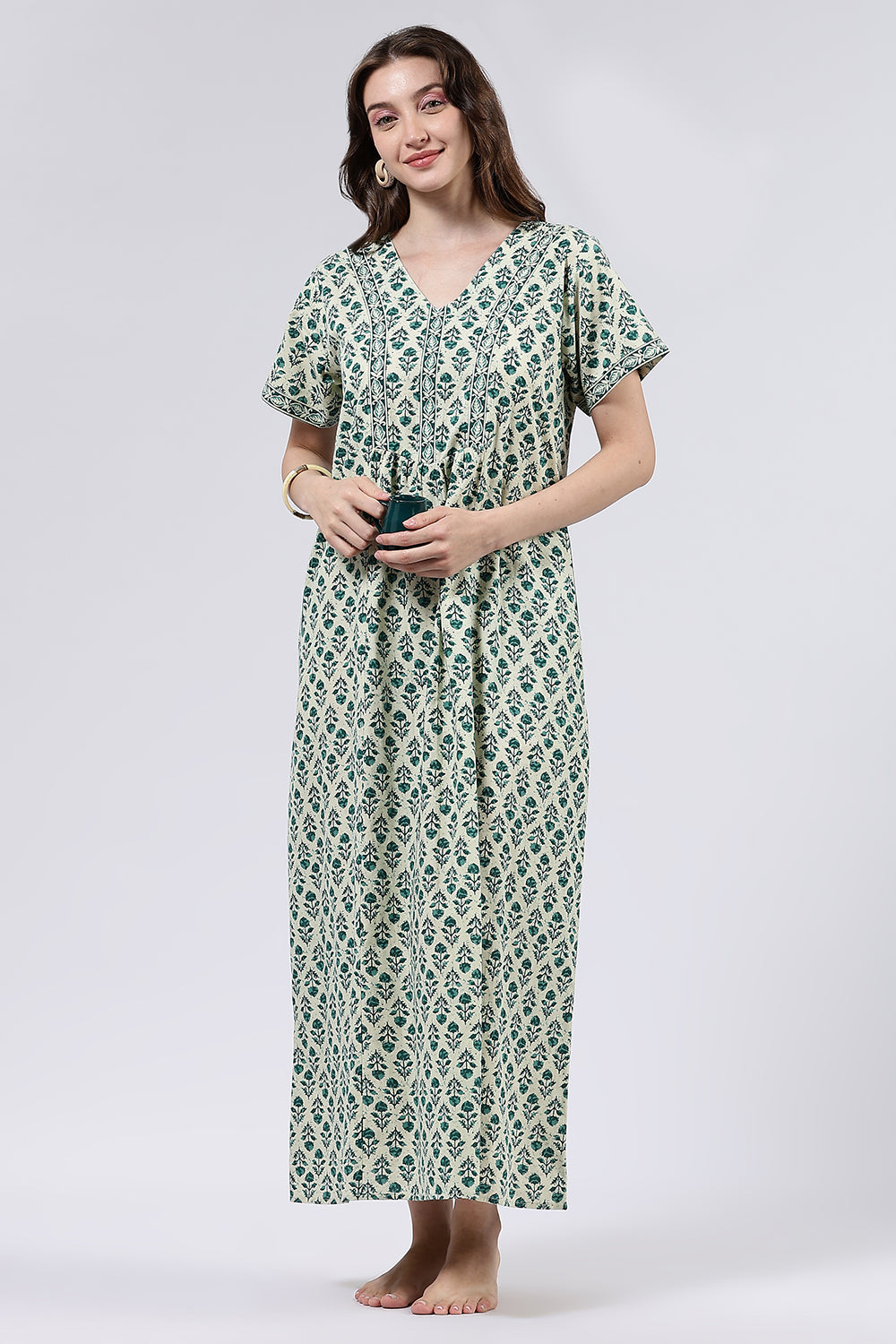 Naidu Hall Women’s Printed Cotton Full Length Nighty with V Neck and Princess Panel Design
 - Teal - NA99