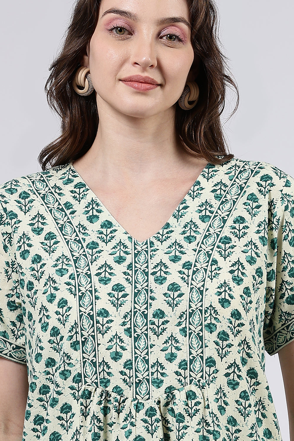 Naidu Hall Women’s Printed Cotton Full Length Nighty with V Neck and Princess Panel Design
 - Teal - NA99