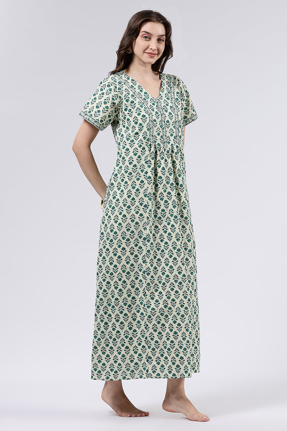 Naidu Hall Women’s Printed Cotton Full Length Nighty with V Neck and Princess Panel Design
 - Teal - NA99