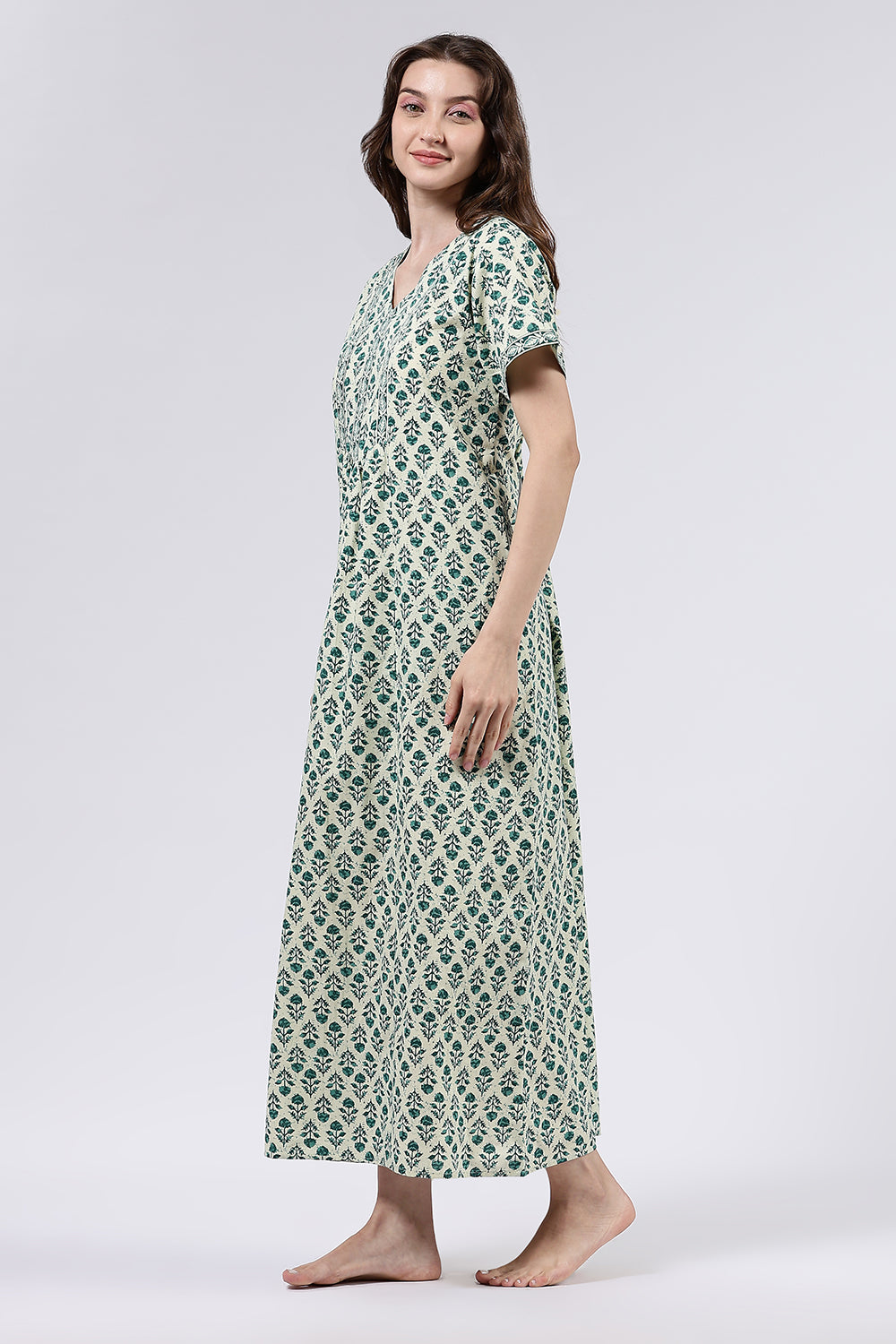 Naidu Hall Women’s Printed Cotton Full Length Nighty with V Neck and Princess Panel Design
 - Teal - NA99