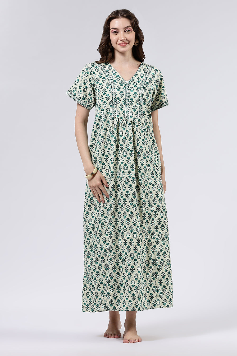 Naidu Hall Women’s Printed Cotton Full Length Nighty with V Neck and Princess Panel Design
 - Teal - NA99
