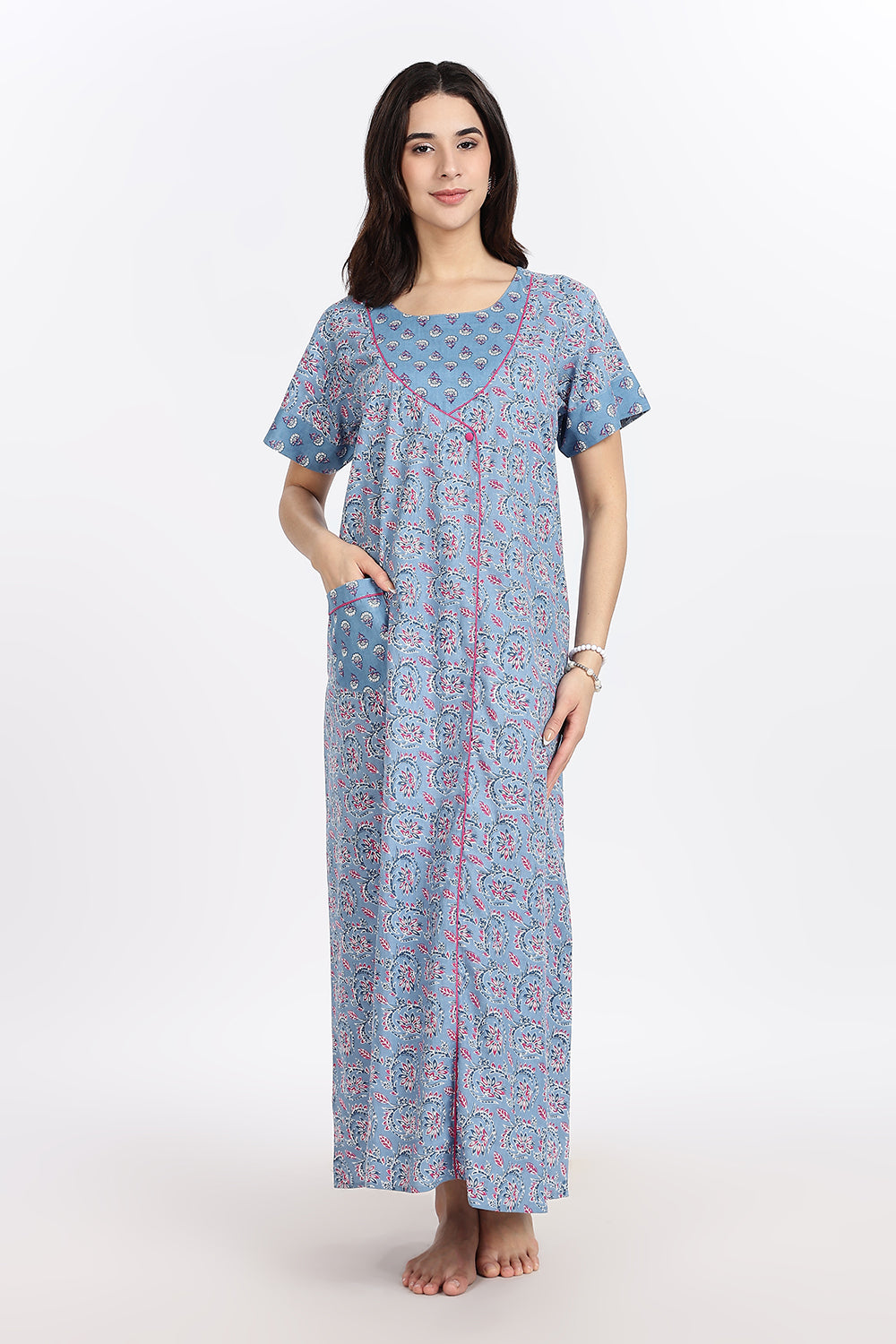 Naidu Hall Women’s Front-Open Floral Printed Cotton-Blend Nighty | Layered V-Neck, Short Sleeves, A-Line Fit
 - NB01