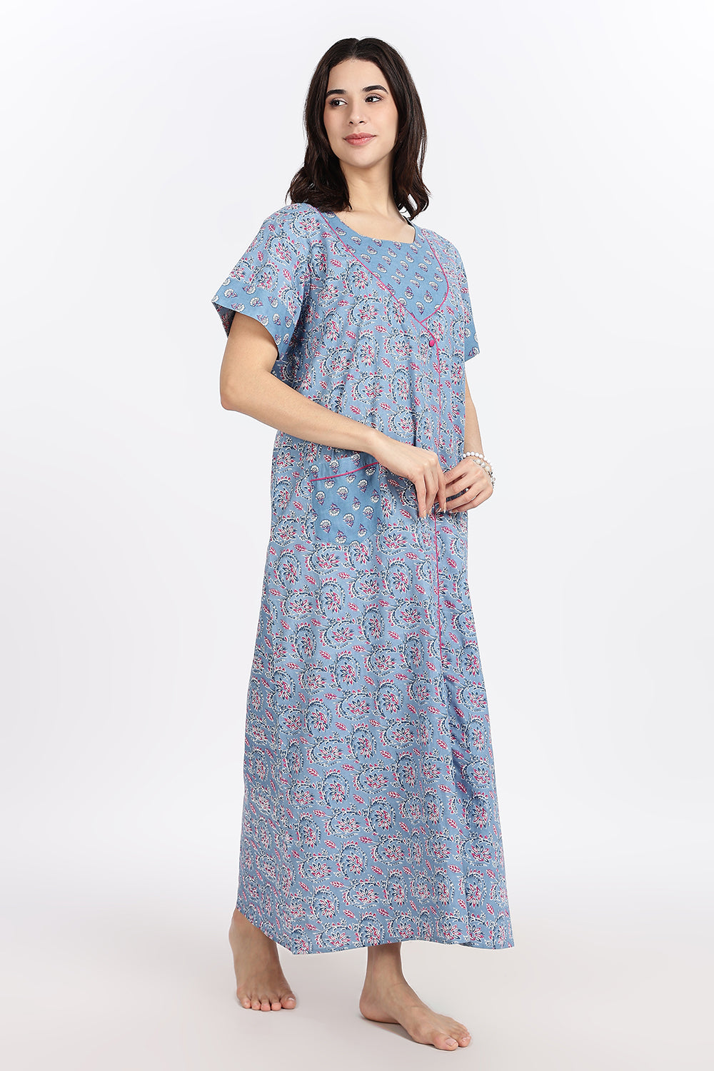 Naidu Hall Women’s Front-Open Floral Printed Cotton-Blend Nighty | Layered V-Neck, Short Sleeves, A-Line Fit
 - NB01