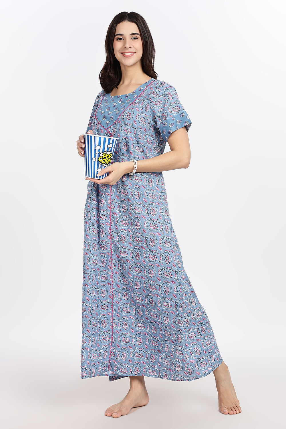 Naidu Hall Women’s Front-Open Floral Printed Cotton-Blend Nighty | Layered V-Neck, Short Sleeves, A-Line Fit
 - NB01