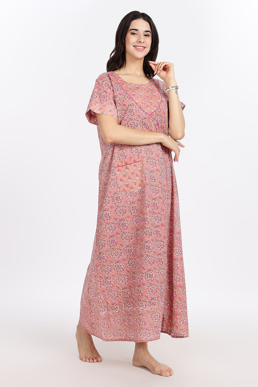 Naidu Hall Women’s Front-Open Floral Printed Cotton-Blend Nighty | Layered V-Neck, Short Sleeves, A-Line Fit
 - NB01