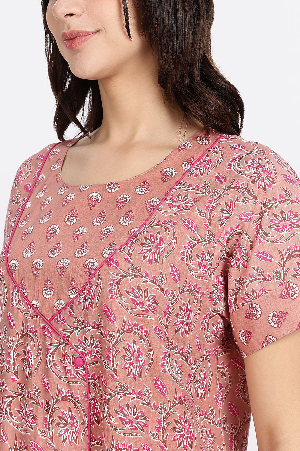 Naidu Hall Women’s Front-Open Floral Printed Cotton-Blend Nighty | Layered V-Neck, Short Sleeves, A-Line Fit
 - NB01