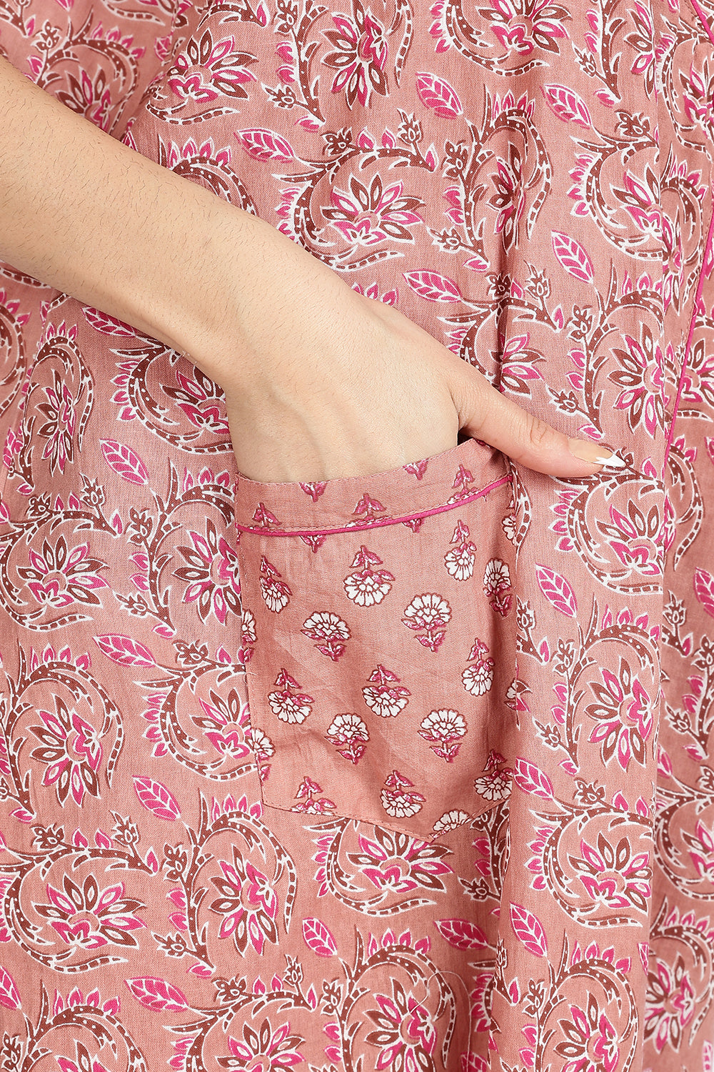 Naidu Hall Women’s Front-Open Floral Printed Cotton-Blend Nighty | Layered V-Neck, Short Sleeves, A-Line Fit
 - NB01