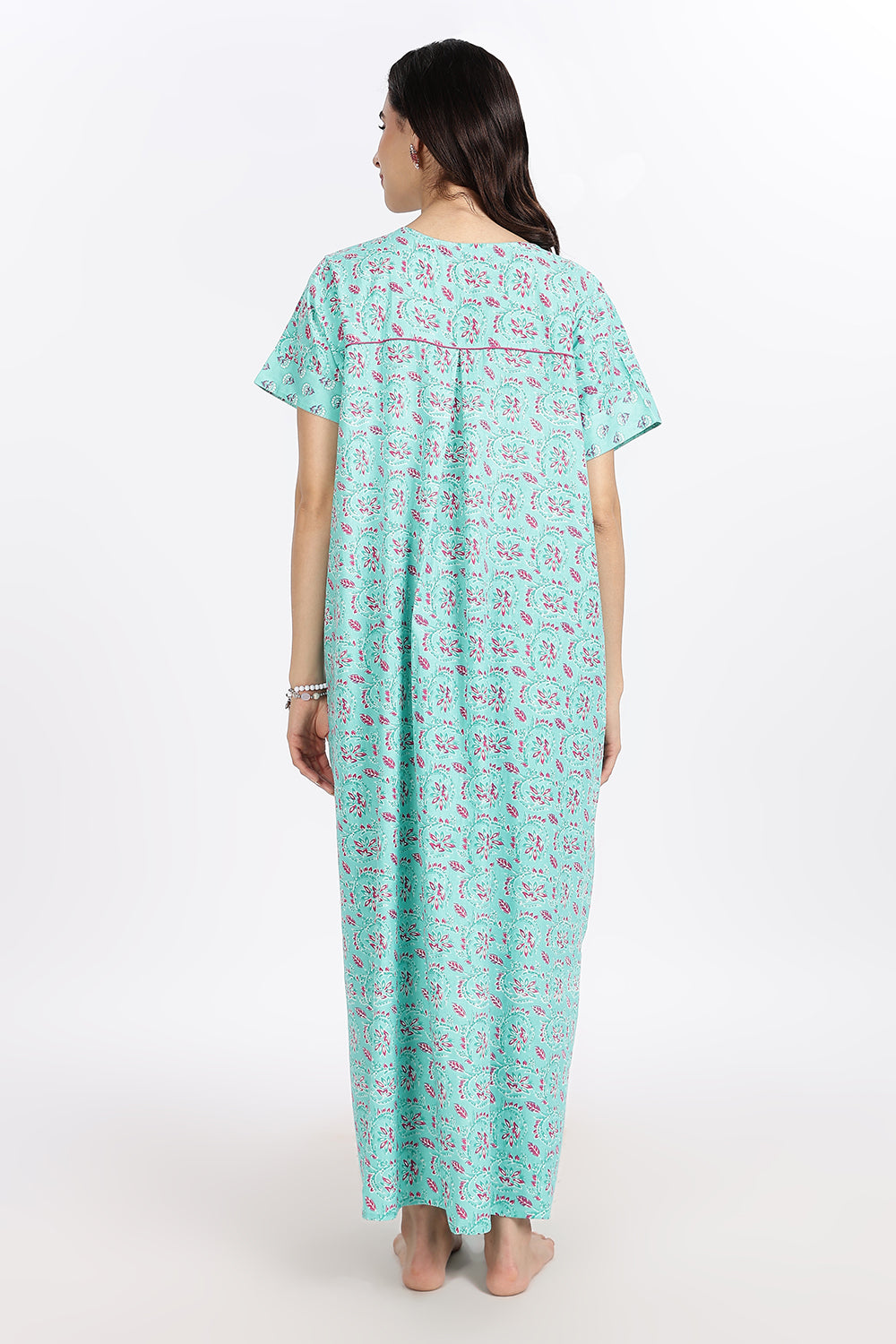 Naidu Hall Women’s Front-Open Floral Printed Cotton-Blend Nighty | Layered V-Neck, Short Sleeves, A-Line Fit
 - NB01