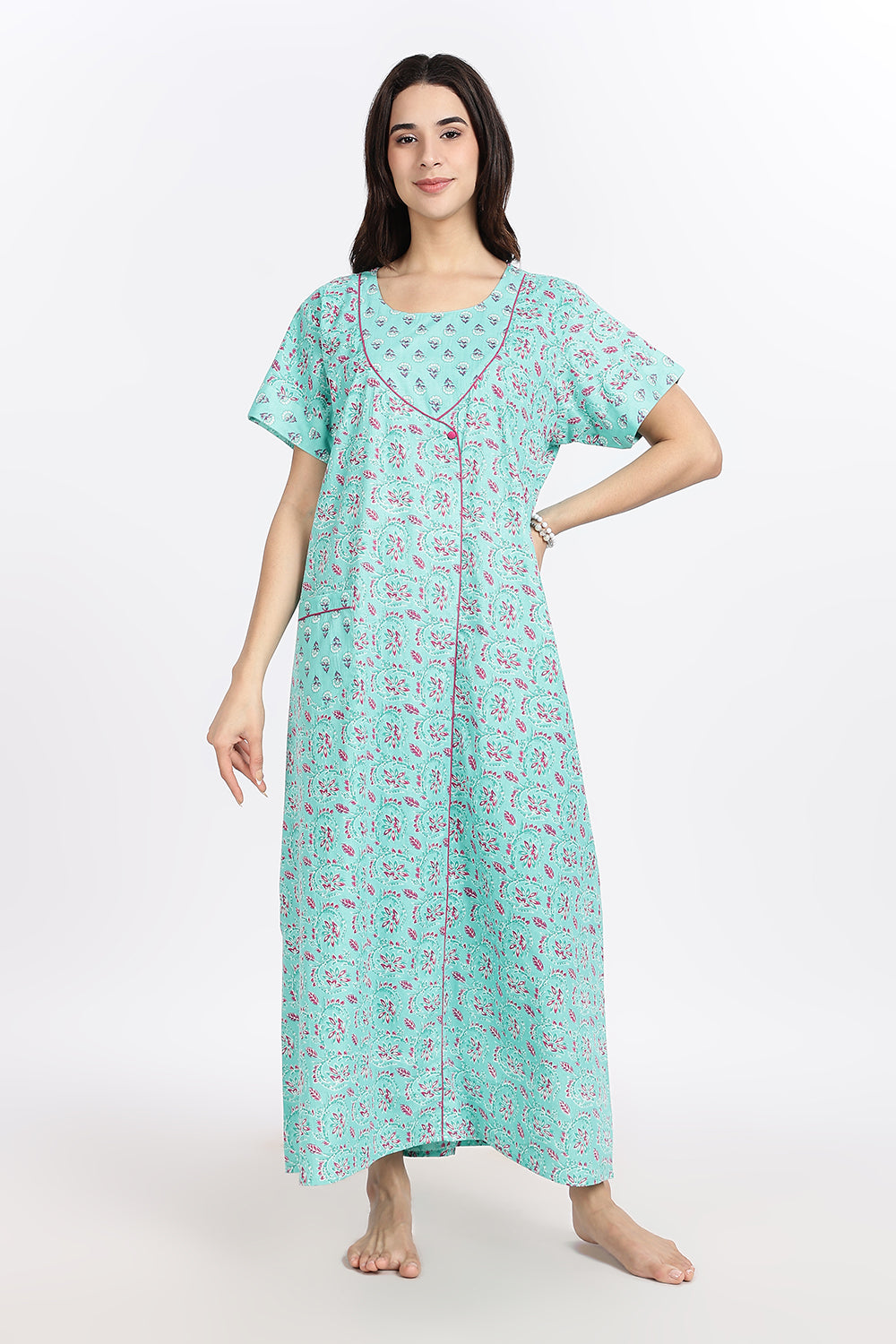 Naidu Hall Women’s Front-Open Floral Printed Cotton-Blend Nighty | Layered V-Neck, Short Sleeves, A-Line Fit
 - NB01