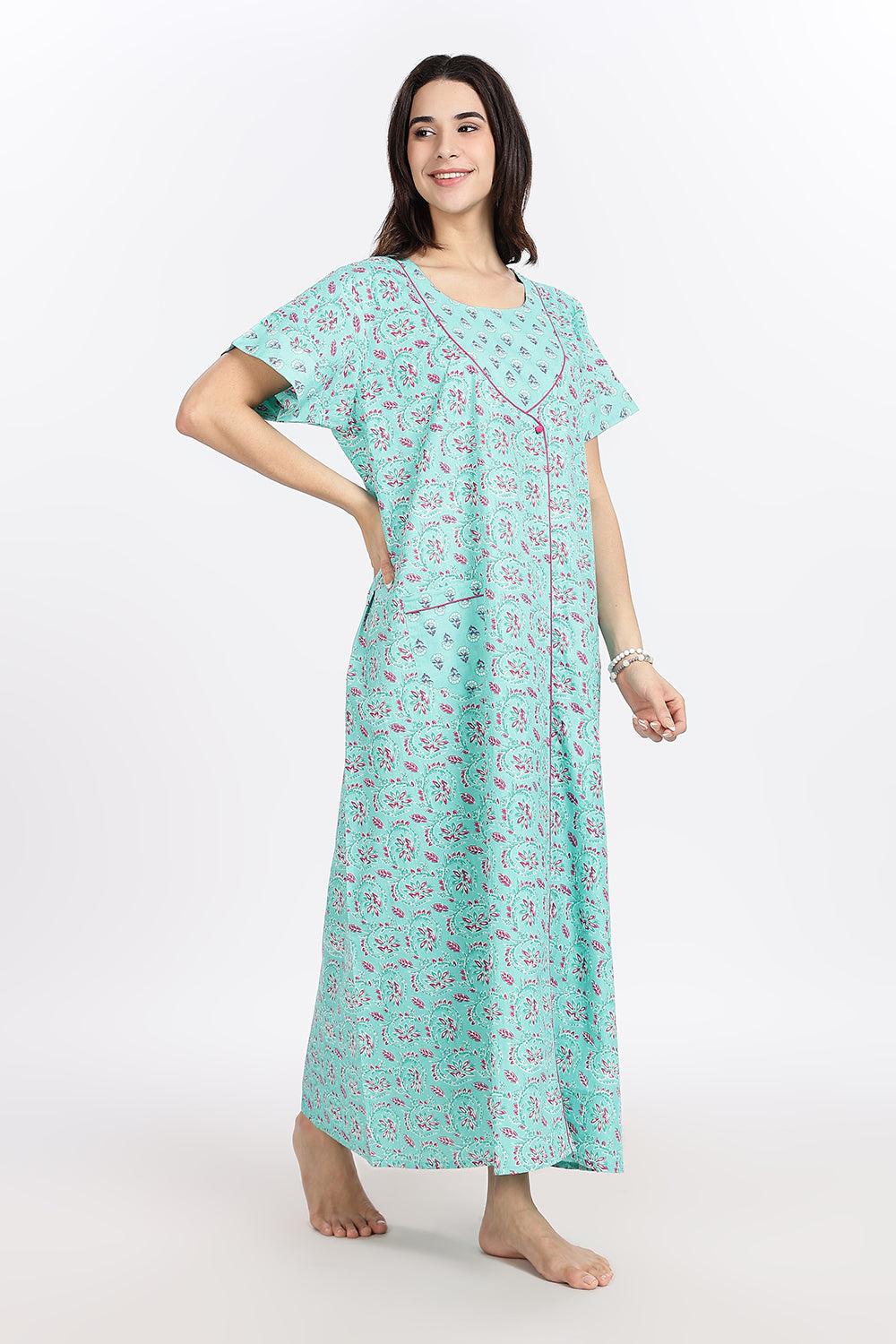 Naidu Hall Women’s Front-Open Floral Printed Cotton-Blend Nighty | Layered V-Neck, Short Sleeves, A-Line Fit
 - NB01