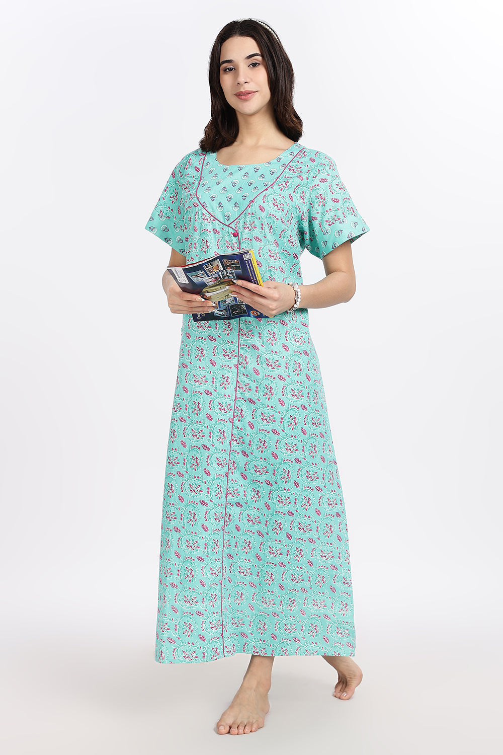 Naidu Hall Women’s Front-Open Floral Printed Cotton-Blend Nighty | Layered V-Neck, Short Sleeves, A-Line Fit
 - NB01