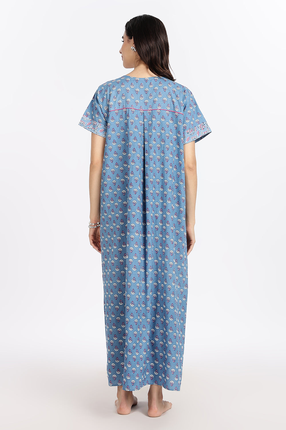 Naidu Hall Women’s Front-Open Floral Printed Cotton-Blend Nighty | Layered V-Neck, Short Sleeves, A-Line Fit
 - NB02